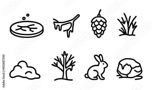 Icy Nature Icons. Outline icon set of icy nature: frozen lake, ice branch, snowy pinecone, frost grass, snow