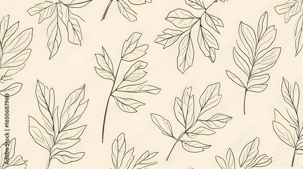 Fototapeta premium Leaf Branch Pattern Beige Background Line Art