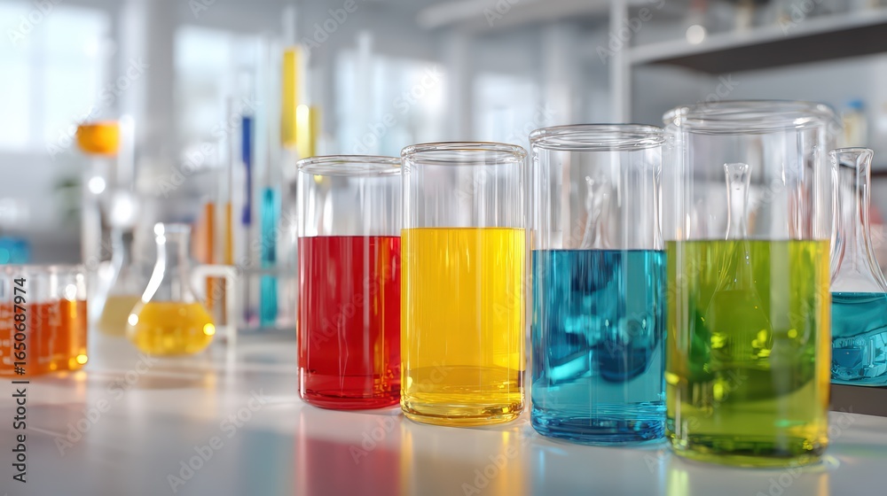 Laboratory glassware filled with red yellow blue and green liquids in a bright lab setting isolated on a transparent background Laboratory glassware filled with red yellow blue and green liquids in a bright lab setting isolated on a transparent background