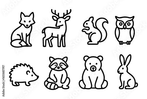 Woodland Animals Icons. Outline icon set of woodland animals: fox, deer, squirrel, owl, hedgehog, raccoon,