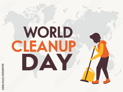 World Cleanup Day Illustration with Person Sweeping and World Map in Background for Environmental Awareness