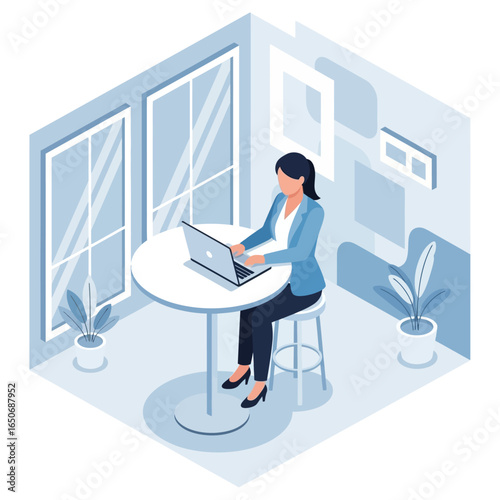 This isometric illustration depicts a focused professional woman working on her laptop at a modern cafe table, embodying remote work and digital productivity.