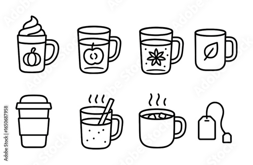 Seasonal Beverage Icons. Outline icon set of seasonal beverages: pumpkin latte, apple cider, spiced tea, mug