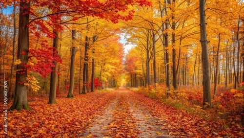 Vibrant autumn forest path covered in fallen leaves