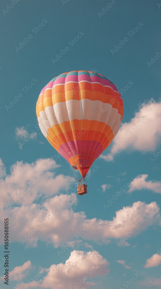 Fototapeta premium Colorful hot air balloon floats high above fluffy clouds against a pastel sky