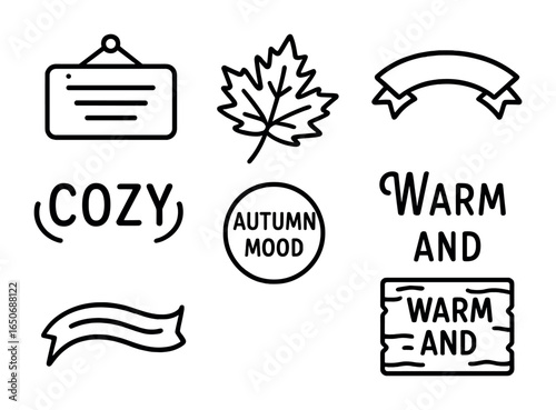 Autumn Icons Set. Outline icon set of autumn quotes & signs: "Hello Fall", leaf sketch, thankful board, cozy
