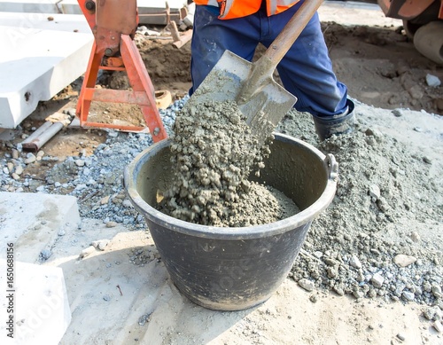 Construction worker pouring concrete mix from shovel into bucket