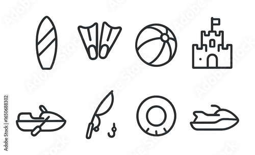 Seaside Activity Icons. Outline icon set of seaside activities: surfing board, diving fins, beach ball,