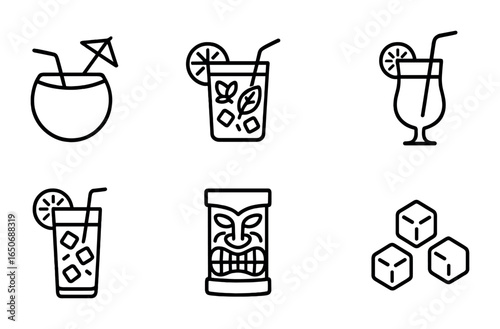 Tropical Drink Icons. Outline icon set of tropical drinks: coconut cocktail, pineapple juice, mojito, tropical