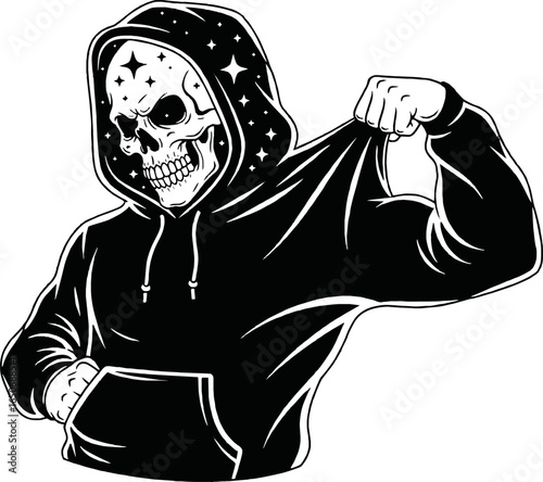 Skull with stars in hoodie flexing muscle, black and white vector illustration.
