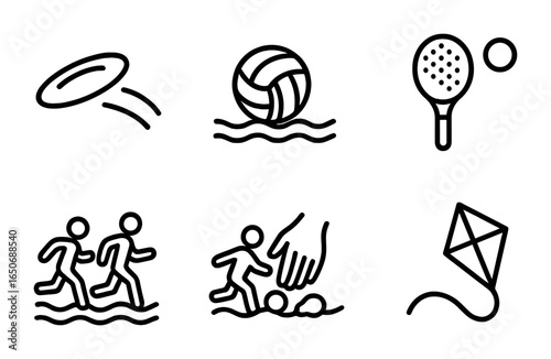 Beach Games Icons. Outline icon set of beach games: frisbee, volleyball, paddle game, sand race, beach soccer,