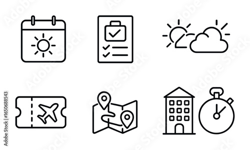 Vacation Planning Icons. Outline icon set of vacation planning: calendar with sun, packing list, checklist
