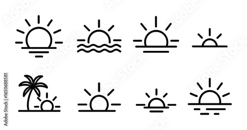 Sunrise Sunset Icons. Outline icon set of sunrise and sunset icons: early sun, sun over water, mid-rise,