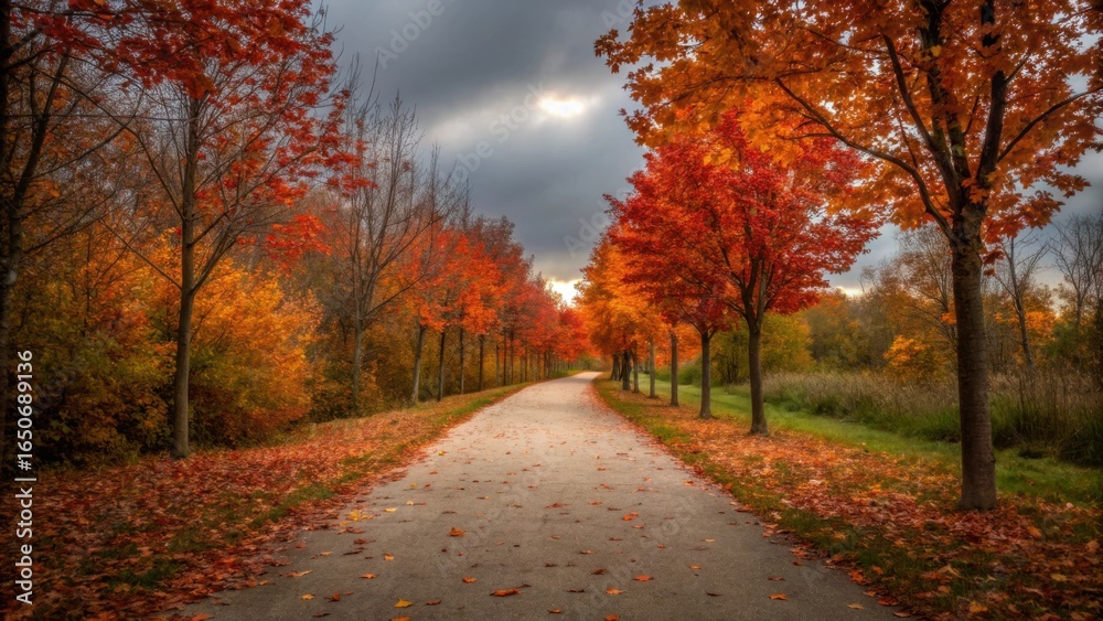 Obraz premium Autumn path lined with vibrant trees under a dramatic sky