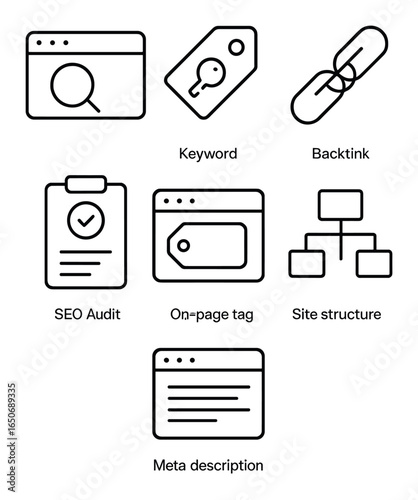 SEO Icon Set. Outline icon set of SEO optimization: search engine, keyword tag, ranking arrow, backlink icon,