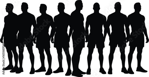 Silhouettes of strong athletic men standing side by side, muscular male body figures, black vector illustration for fitness, health, gym, bodybuilding, and sports themes