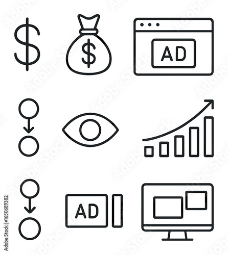 PPC Advertising Icons. Outline icon set of PPC advertising: dollar sign, campaign budget, ad copy, CPC chart,