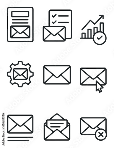 Email Marketing Icons. Outline icon set of email marketing: newsletter icon, email list, open rate chart,