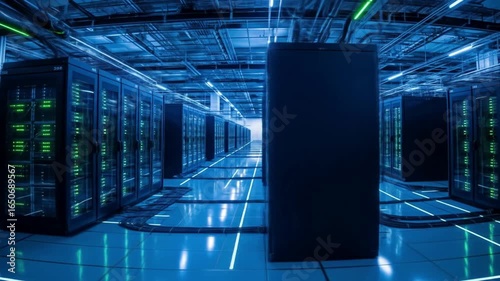 Data center with rows of server racks and bright blue lighting.