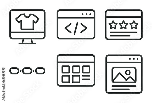 eCommerce SEO Icons. Outline icon set of eCommerce SEO: product title, schema tag, rich snippet, product