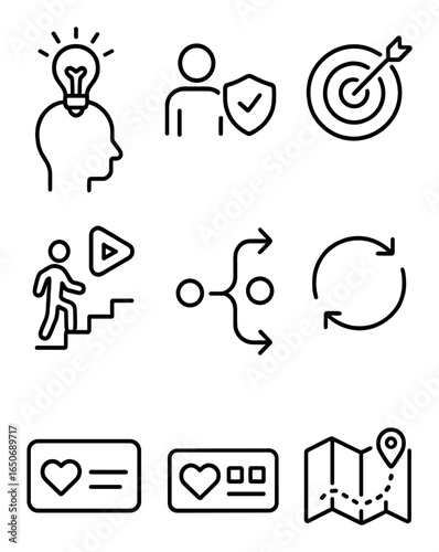 Customer Journey Icons. Outline icon set of customer journey: awareness phase, consideration icon, decision