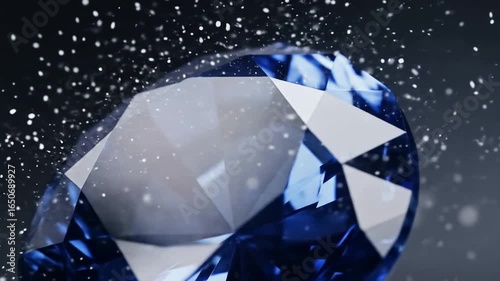 Faceted gem shines in bright light with small glowing particles