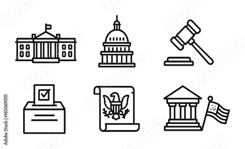 US Government Icons. Outline icon set of US government: White House, Capitol Dome, eagle seal, gavel, voting