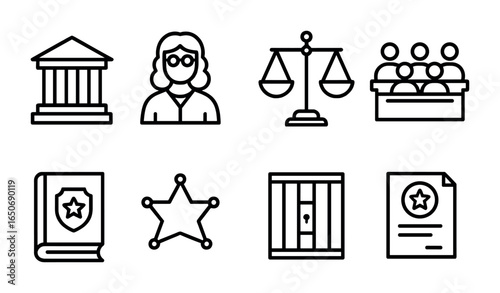 American Justice Icons. Outline icon set of American justice system: courthouse, judge, scales of justice,