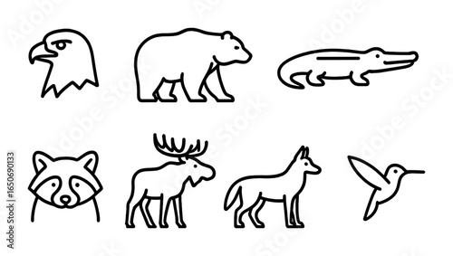 American Wildlife Icons. Outline icon set of American wildlife: bald eagle, grizzly bear, bison, alligator,