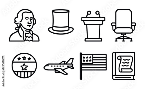 Presidential Line Icon Set. Outline icon set of American presidents: George Washington bust, Abraham Lincoln
