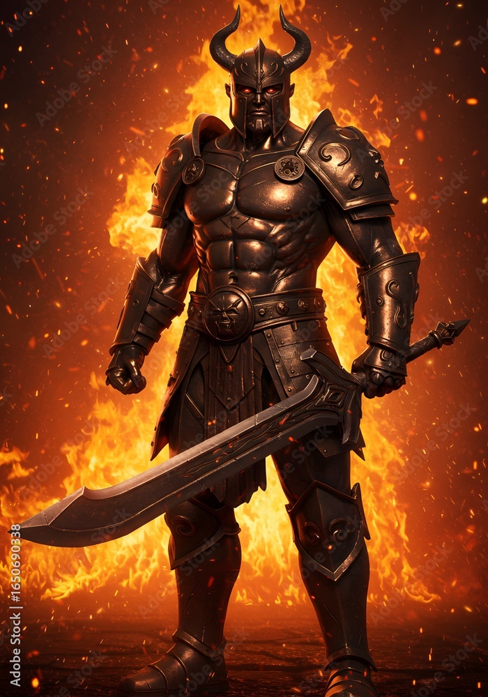 Fototapeta premium Fearsome Warrior in Burning Armor with a Fiery Sword
