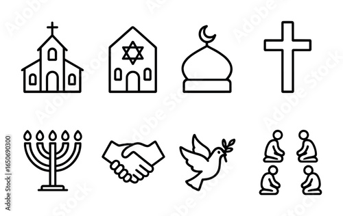 Religious Diversity Icons. Outline icon set of US religious diversity: church building, synagogue icon, mosque