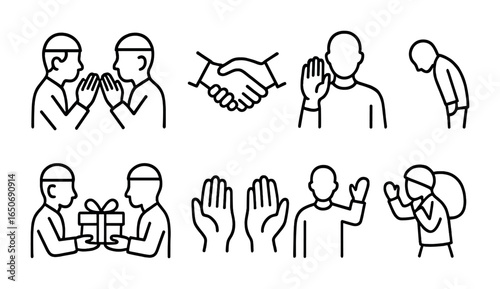 Islamic Greeting Icons. Outline icon set of Islamic greeting and etiquette: salam gesture, handshake, right