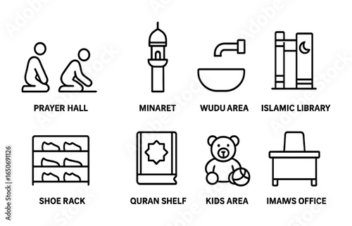 Masjid Facilities Icons. Outline icon set of masjid facilities: prayer hall, minaret, wudu area, Islamic