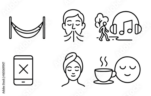 Low-Stress Lifestyle Icons. Outline icon set of low-stress lifestyle: hammock, breathing technique, nature