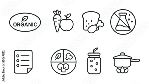 Clean Eating Icons. Outline icon set of clean eating: organic label, farm produce, whole food, no additives,