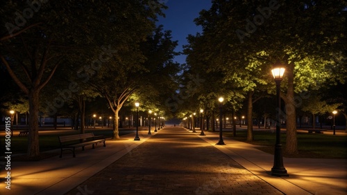 Illuminated park pathway lined with trees and lampposts at dusk