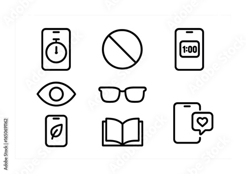 Digital Wellness Icons. Outline icon set of digital wellness: phone timer, do not disturb icon, screen time