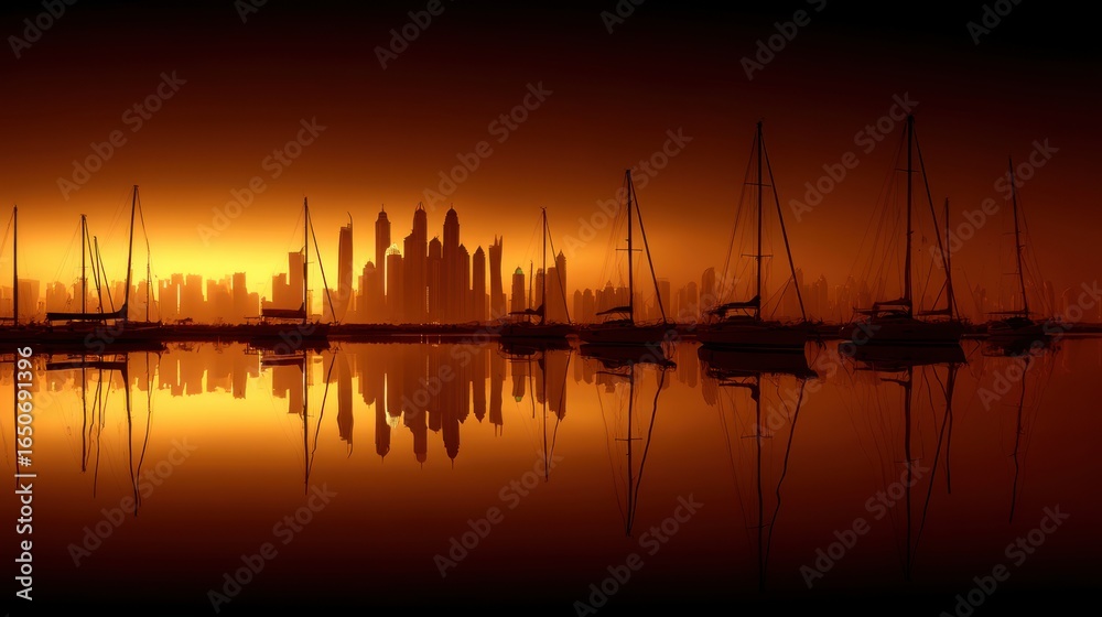 Naklejka premium Sunset reflections over urban skyline and sailboats at water's edge serene cityscape tranquil evening glow