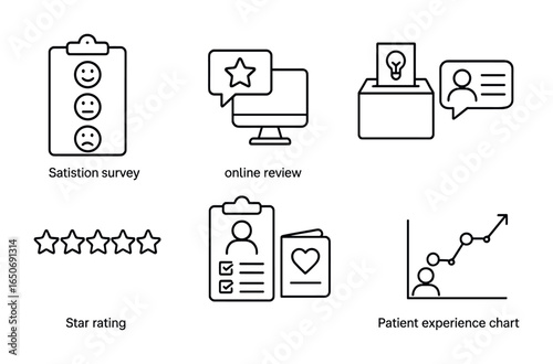 Patient Feedback Icons. Outline icon set of patient feedback: satisfaction survey, online review, suggestion