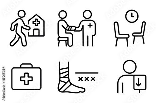 Urgent Care Icons. Outline icon set of urgent care: walk-in patient, minor injury treatment, triage chart,