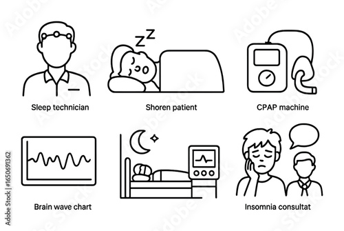 Sleep Clinic Icons. Outline icon set of sleep clinic staff: sleep technician, snoring patient, CPAP machine,