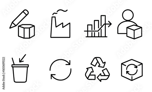 Packaging Lifecycle Icons. Outline icon set of packaging lifecycle: design phase, production icon,