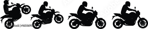 Motorcycle riding sequence silhouette, motorbike stunt action, biker performing wheelie, sport bike rider, road adventure motion, motorcycle control, high speed performance