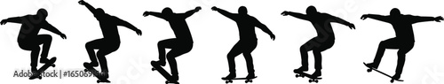 Silhouette skateboarder performing aerial jump stunt, skateboarding action trick sequence, urban street skater motion, extreme sport freestyle illustration, black skateboarding design