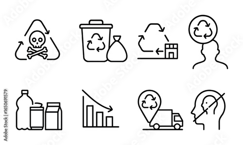 Recycling Challenges Icons. Outline icon set of recycling challenges: contamination icon, mixed waste, lack of
