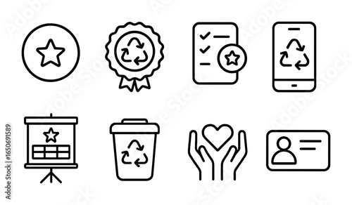 Recycling Rewards Icons. Outline icon set of recycling rewards systems: point icon, green badge, rewards