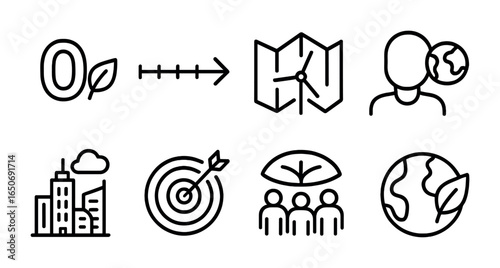 Sustainable Future Icons. Outline icon set of sustainable future: zero carbon goal, green timeline, renewable