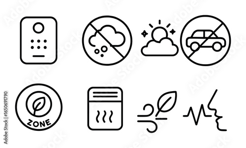 Clean Air Icons. Outline icon set of clean air efforts: air quality sensor, pollution ban sign, clean sky,