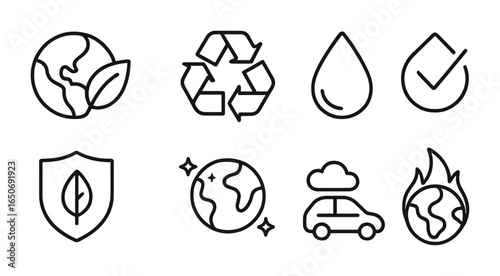 Environmental Line Icons. Outline icon set of environmental symbols: earth leaf, recycle triangle, water
